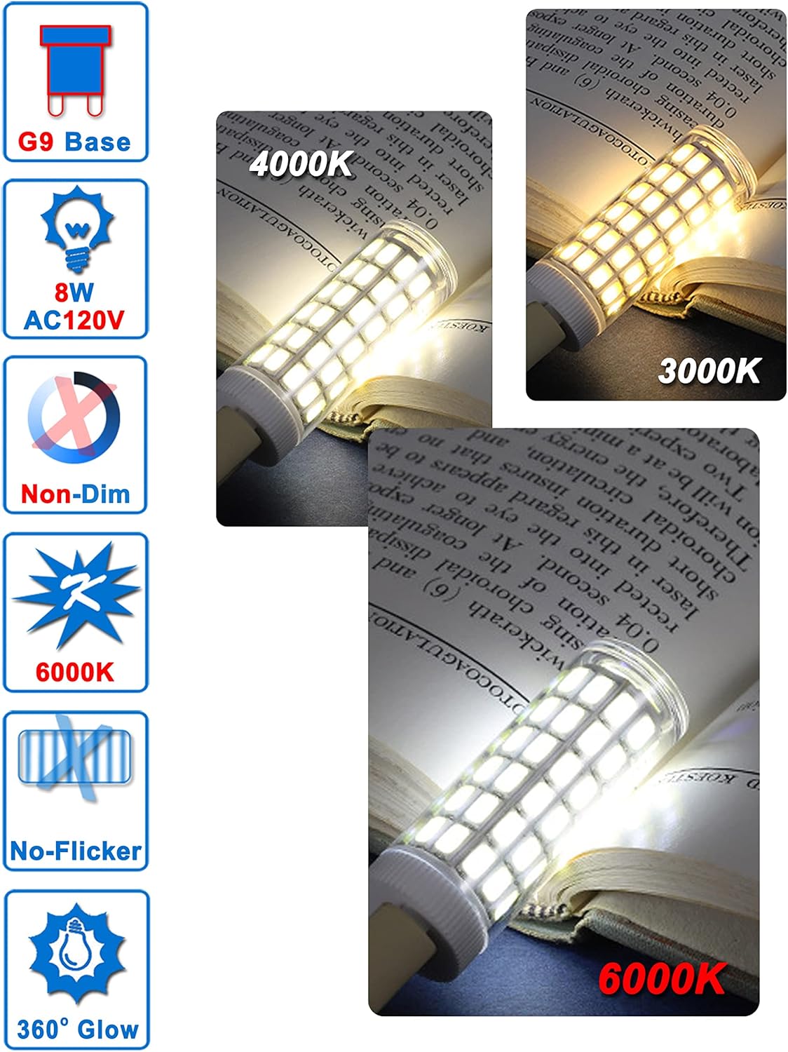 G9 Led Bulbs Replace 75 Watt 80W 100 Watt T4 Halogen,Daylight Cool Bright White 6000K,1000 lm,AC120V G9 8W LED Corn Light Bulb for Bathroom Vanity Ceiling Fan Wall Lighting,Non-Dimmable,5Pack