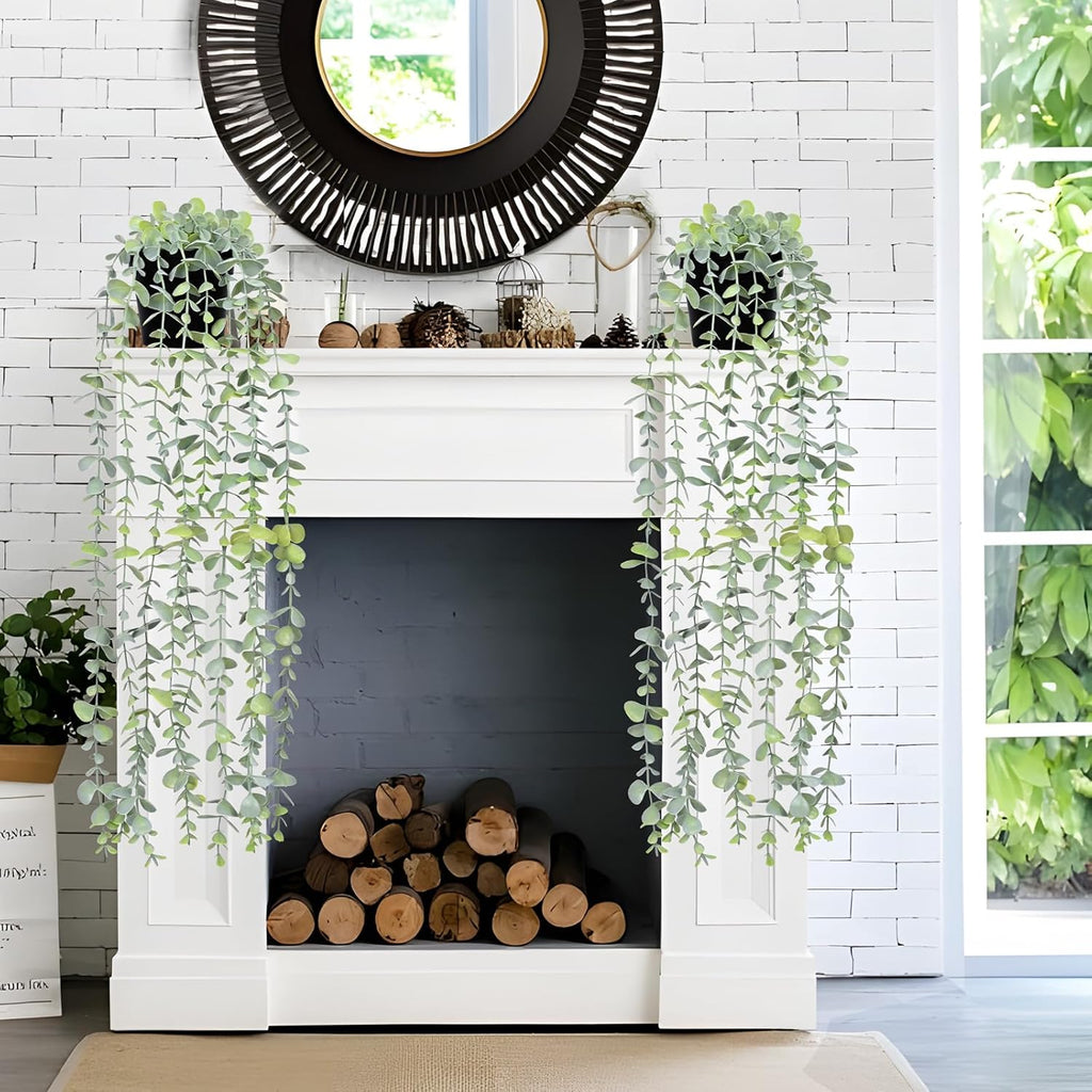 Waipfaru 2Pcs Fake Hanging Plants with Pot Light Green Eucalyptus Leaves UV Resistant Fake Vines Ivy Artificial Plants Outdoor Faux Plants Indoor Bedroom Living Room Boho Wall Porch Shelf Decor