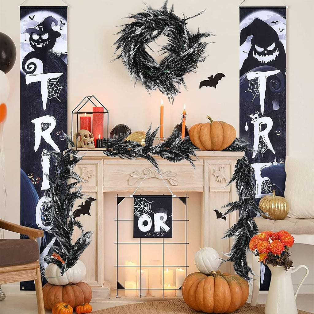 RECUTMS 2pcs Black Garland Artificial Boston Palnts 6 FT Fern Garland Faux Hanging Greenery UV Resistant Halloween Wreath for Outdoor Indoor Halloween Decor (Black+White)