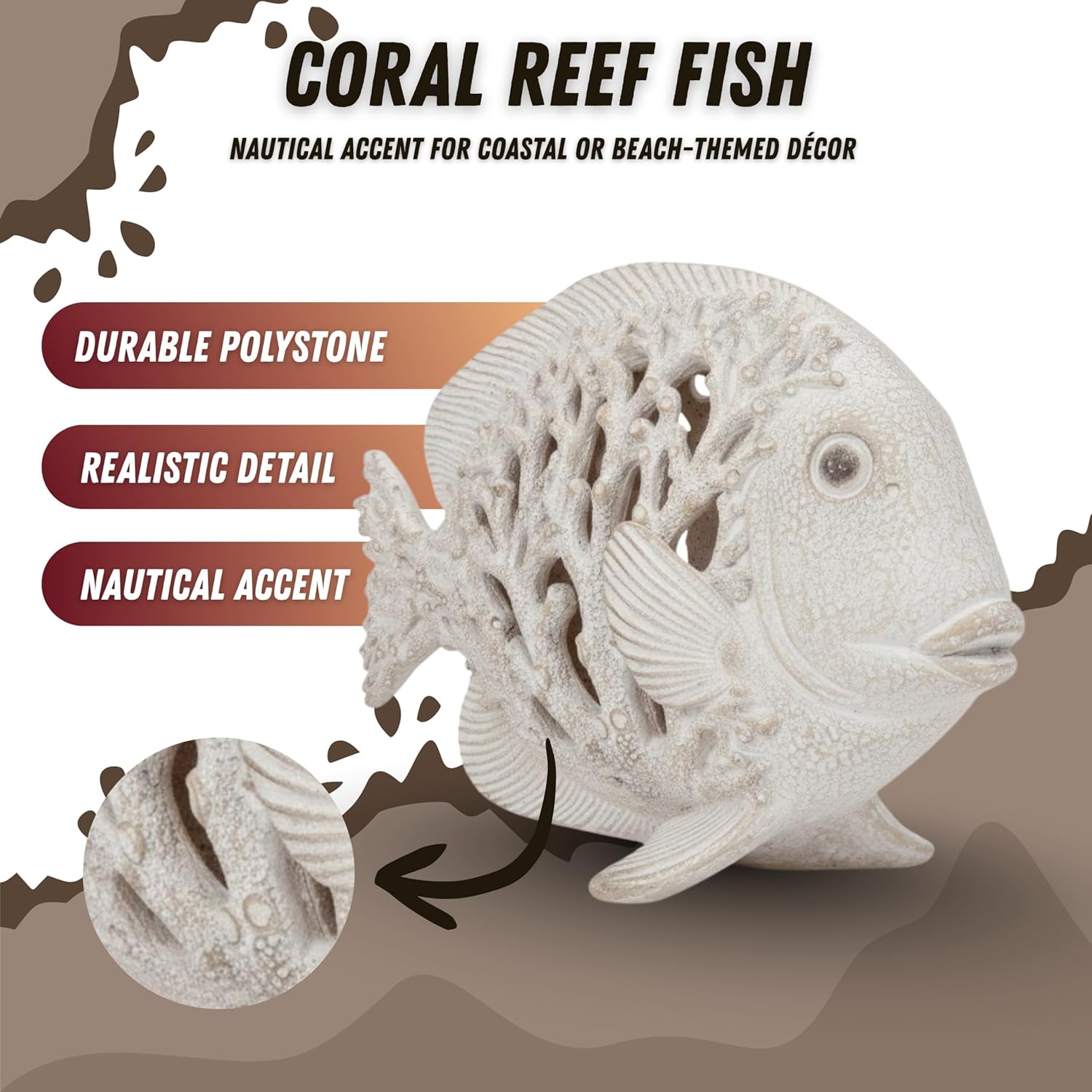 Coral Reef Fish Figurine Coastal Home Decor – Ocean Themed White Accent for Shelf, Countertop & Centerpiece – 12 1/2 Inch Polystone Sculpture