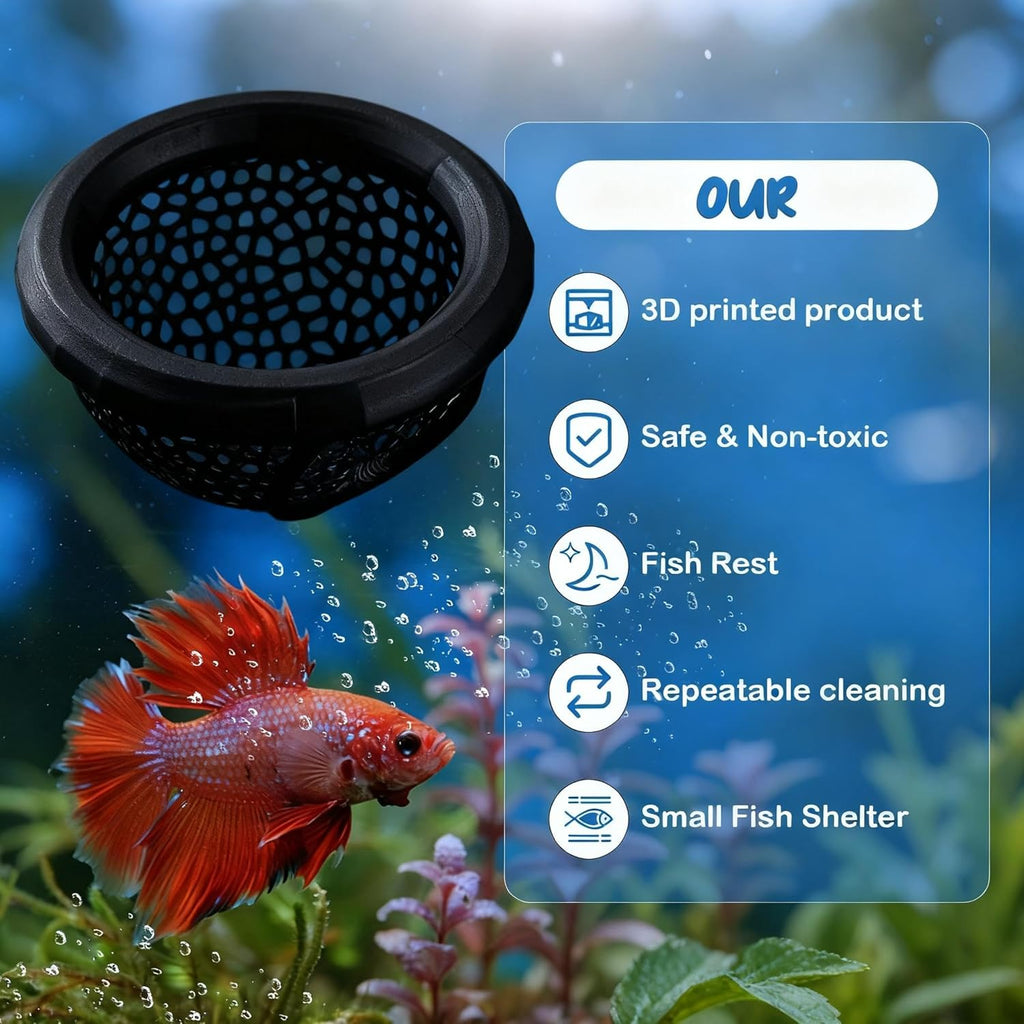 2 Sizes Floating Betta Fish Hide and Shrimp Cave – 3D Printed Aquarium Hammock, Floating Feeder Ring, and Resting Shelter for Nano Aquariums & Fish Tank Decorations (Black)