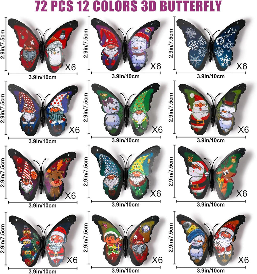 LiveGallery 72 PCS 6 Colors Removable 3D Merry Christmas DIY Beautiful Butterfly Wall Decals Colorful Santa Claus, snowmen, snowflakes, elk Butterflies Art Decor Wall Stickers Murals for Kids Baby Boy