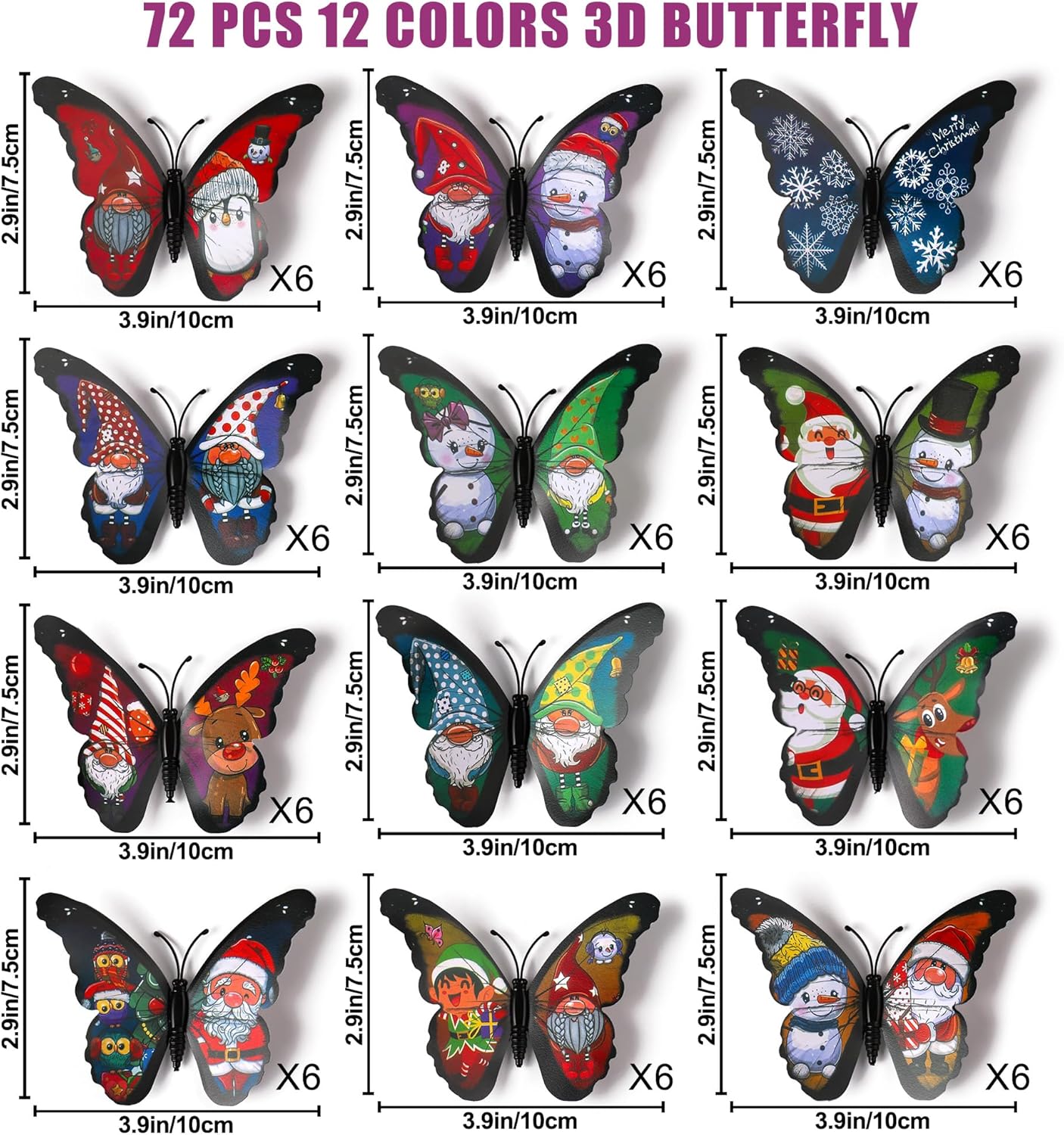 LiveGallery 72 PCS 6 Colors Removable 3D Merry Christmas DIY Beautiful Butterfly Wall Decals Colorful Santa Claus, snowmen, snowflakes, elk Butterflies Art Decor Wall Stickers Murals for Kids Baby Boy