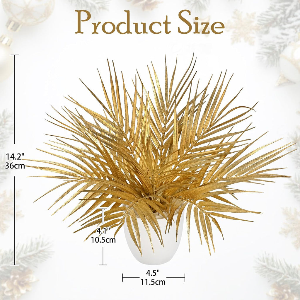 Briful 14.2" Tall Fake Plants Artificial Gold Palm Plant in White Pot – Glitter Faux Palm Leaves Table Centerpiece for Christmas Holiday Decorations, Modern Home Office Desk Decor, Living Room