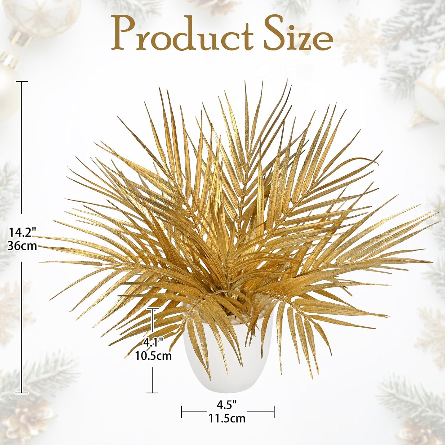 Briful 14.2" Tall Fake Plants Artificial Gold Palm Plant in White Pot – Glitter Faux Palm Leaves Table Centerpiece for Christmas Holiday Decorations, Modern Home Office Desk Decor, Living Room