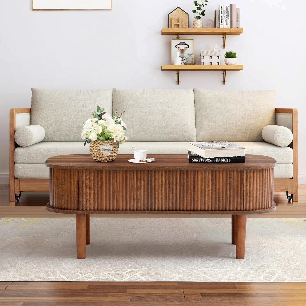 Fluted Lift Top Coffee Table with Hidden Compartment, Fully Assembled Wooden Center Table, Modern Oval Lift Tabletop for Home Living Room Office, Walnut