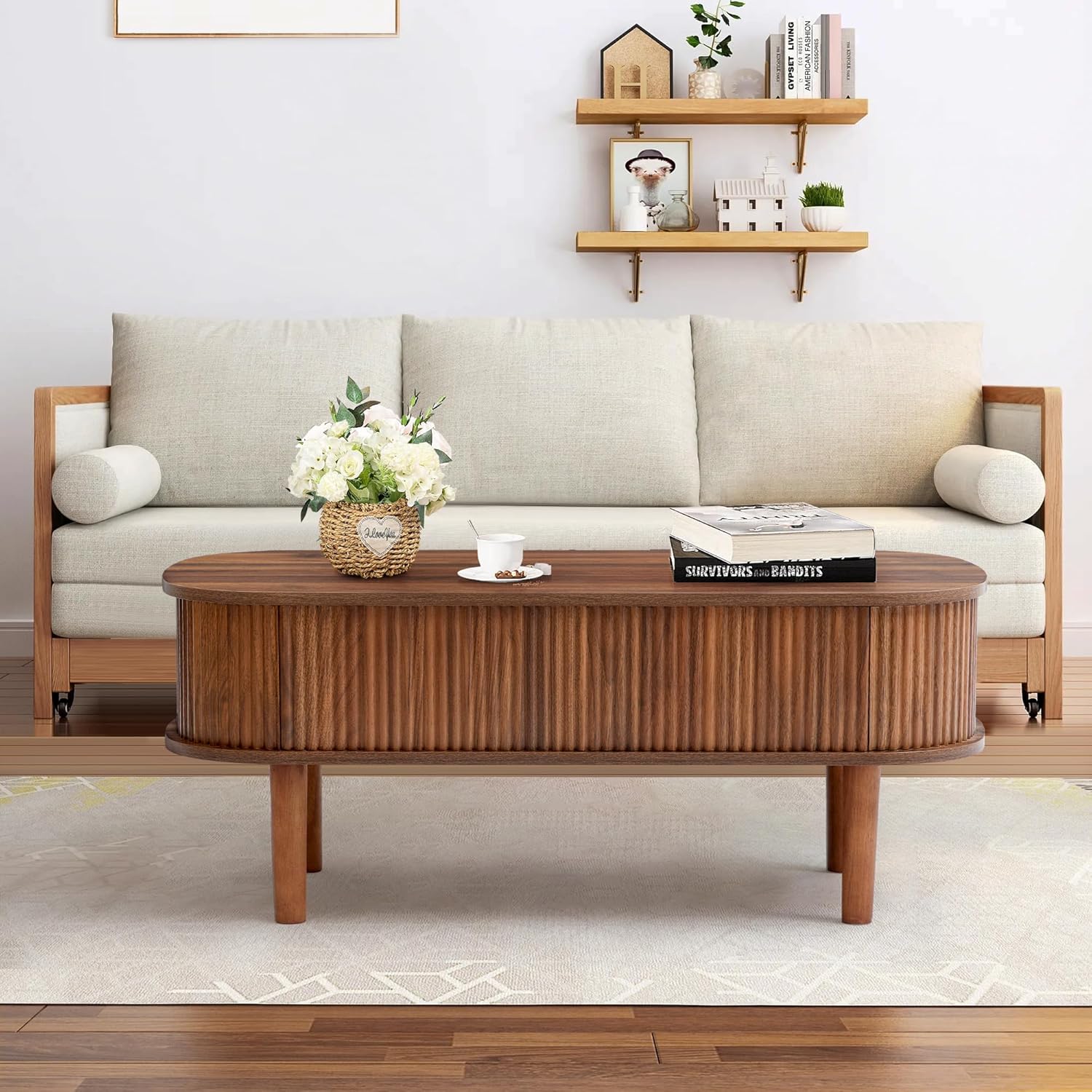 Fluted Lift Top Coffee Table with Hidden Compartment, Fully Assembled Wooden Center Table, Modern Oval Lift Tabletop for Home Living Room Office, Walnut