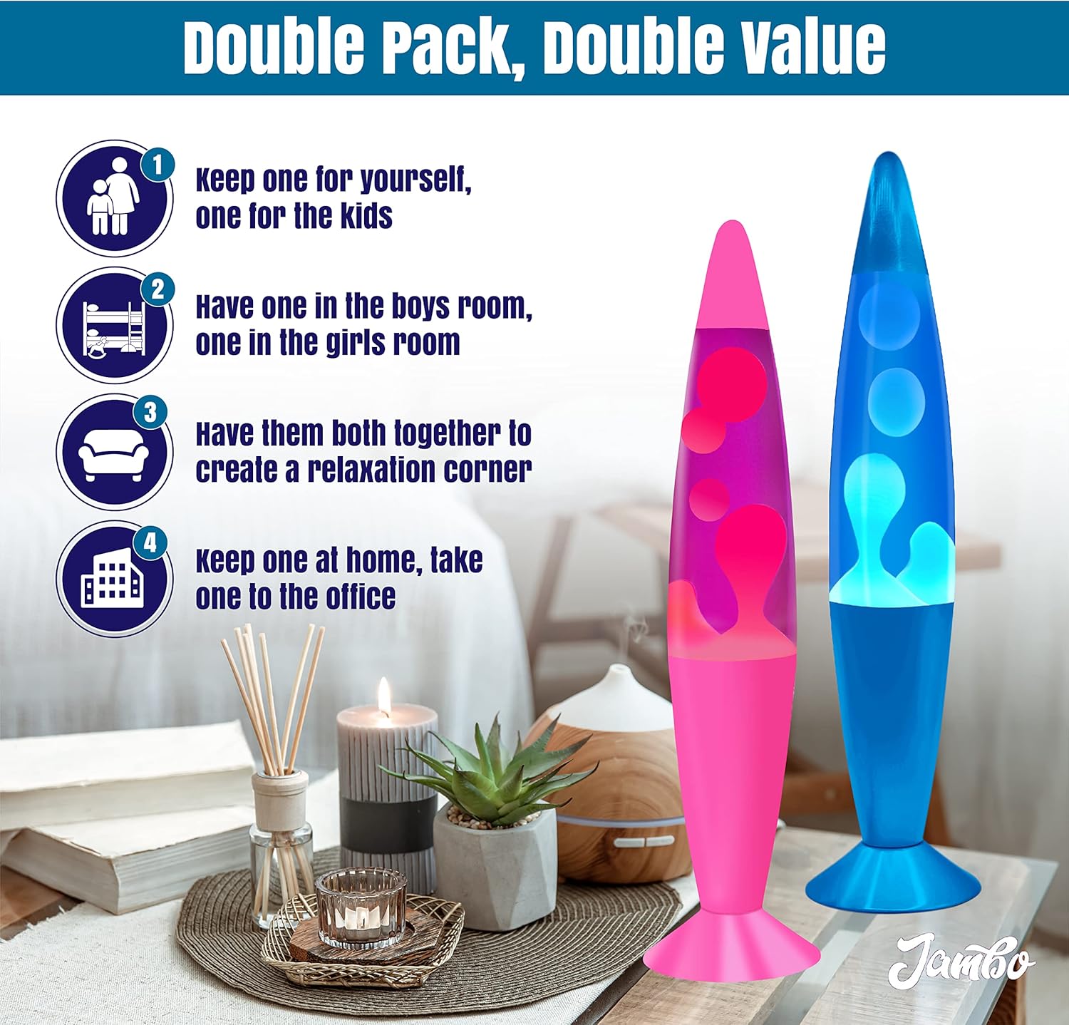 JAMBO 2 Pack- 16" Beautiful Lamp- Blue with Blue/White Wax and Purple with Pink Wax, Relaxing Liquid Lamp, Night Light Nightlight, Lamps for Adults Teens Kid