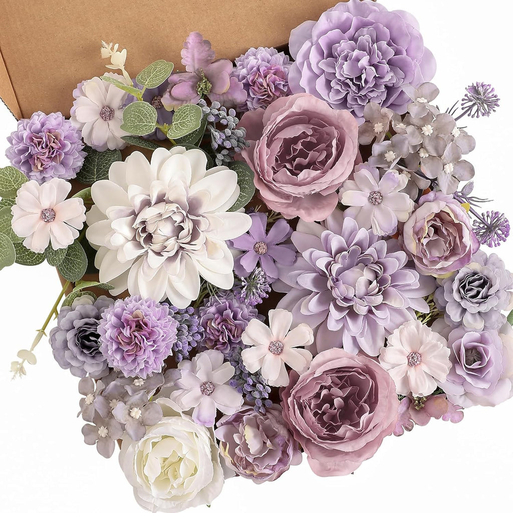 Artificial Flowers Combo Box Set Purple Fake Silk Flower for DIY Wedding Bouquet Arrangements Bridal Shower Party Home Decorations(White Purple Peony)