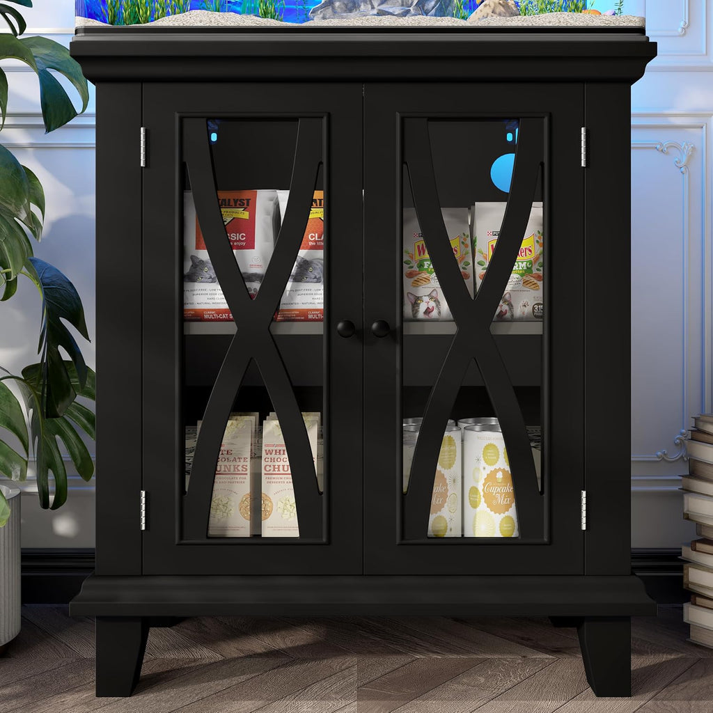 20 Gallon Fish Tank Stand with Power Outlets, Farmhouse Wood Aquarium Stand Furniture with Storage Cabinet and Adjustable Shelves, Reptile Turtle Tank, Black