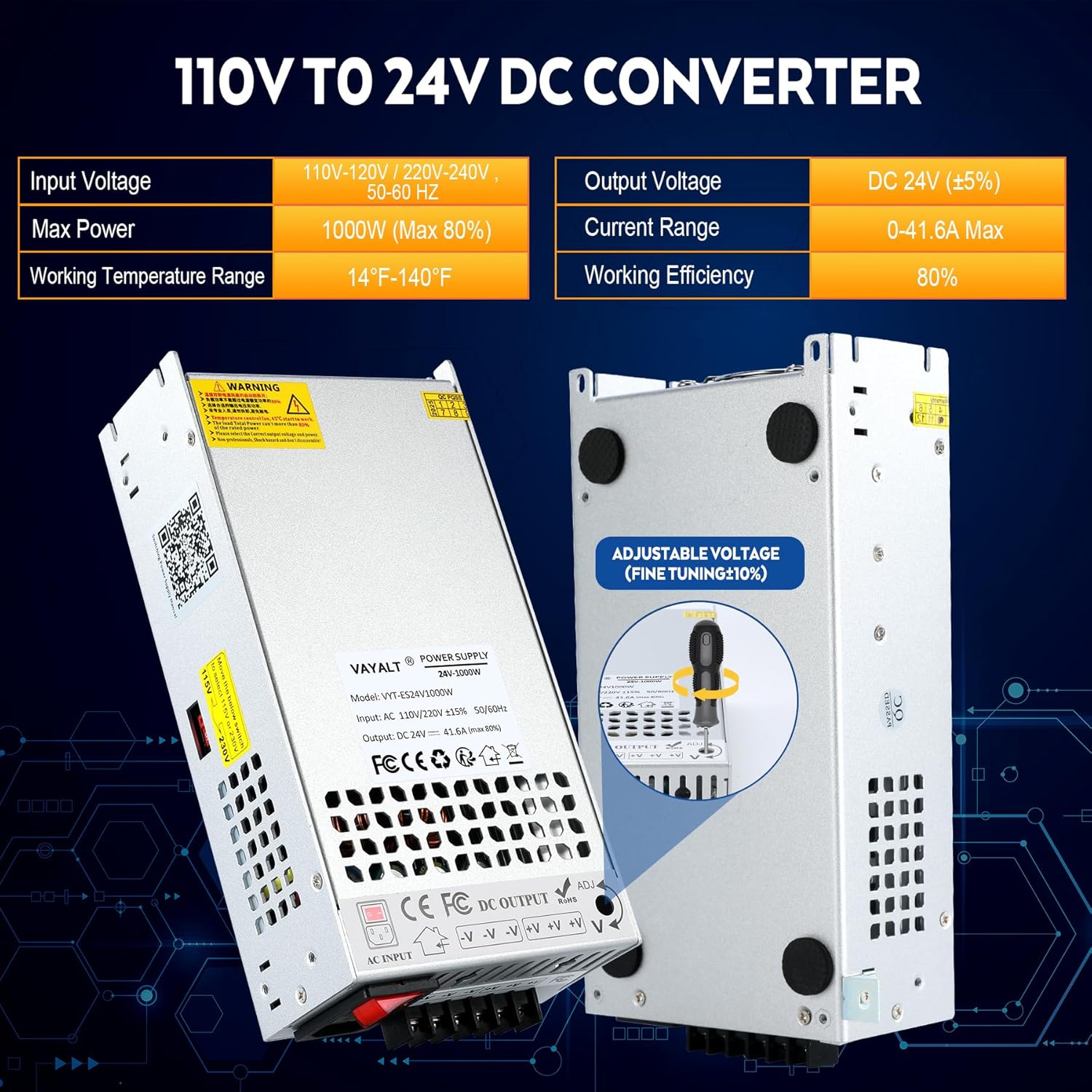 VAYALT 24V 41.6A 1000W DC Switching Power Supply, Universal Regulated Switching AC 110V/220V to DC 24V Transformer, 24V Power Suply for Industrial, Computer Project (No Power Cord)