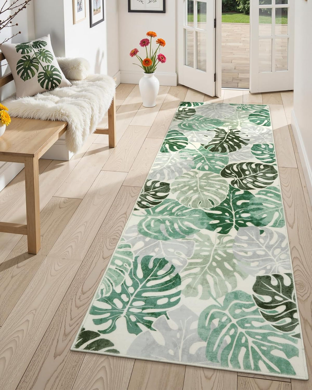 Wonnitar Leaf Washable 2x6 Rug Runner, Tropical Green Bathroom Rugs Runner Kitchen Carpet, Non-Slip Monstera Plant Non-Shedding Low Pile Accent Mat for Hallway Bedroom Closet