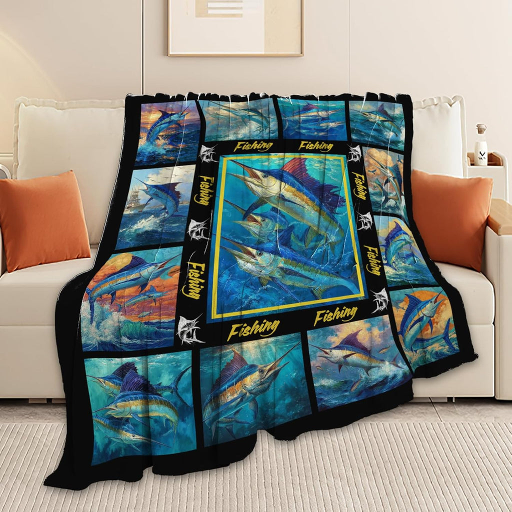 Fish Throw Blanket Fishing Marlin Stuff Gifts for Kids Girls Boys Adults Women Men Soft Cozy Warm Plush Fluffy Fuzzy Fleece Blanket Decor 60''X80''