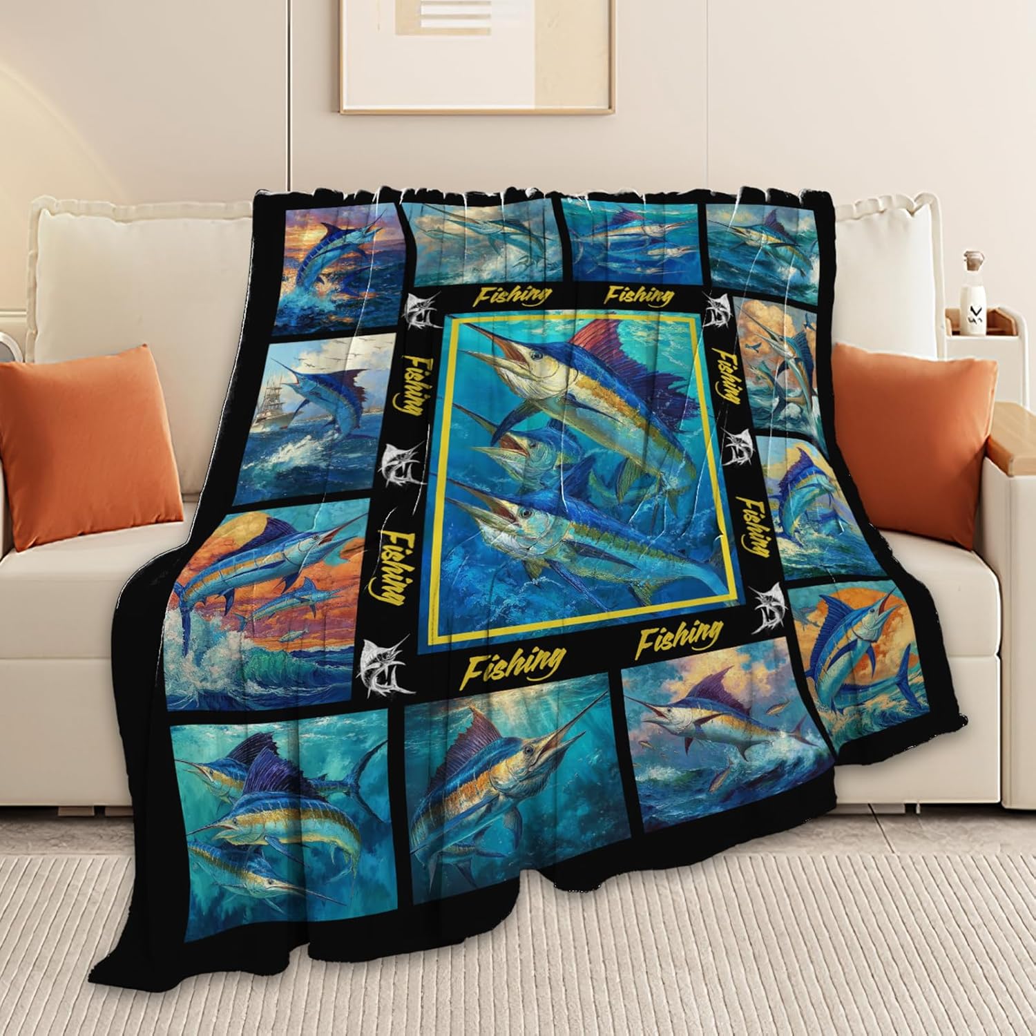Fish Throw Blanket Fishing Marlin Stuff Gifts for Kids Girls Boys Adults Women Men Soft Cozy Warm Plush Fluffy Fuzzy Fleece Blanket Decor 60''X80''