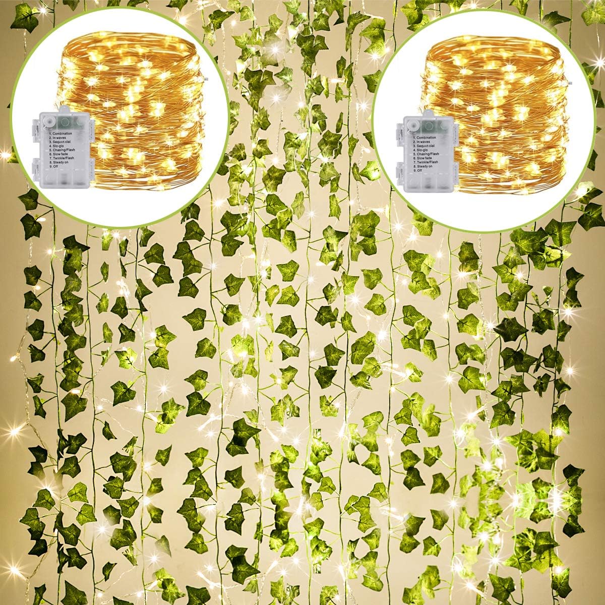 KASZOO 24Pack / Each 82 inch, Artificial Ivy Garland Fake Plants with 160 LED String Light, Green for Wedding Party Garden Outdoor Greenery Wall Decoration