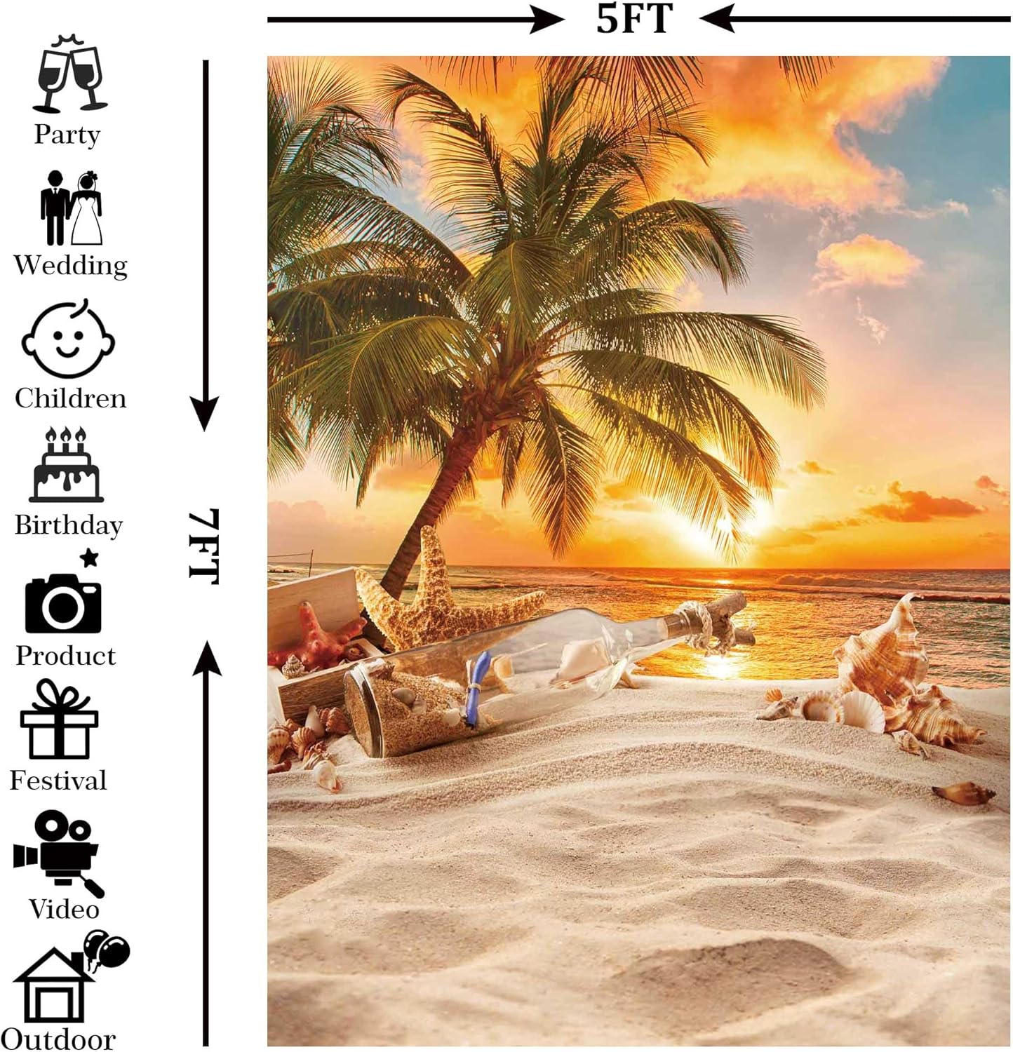 5X7ft Polyester Summer Beach Seaside Sunset Backdrop Tropical Hawaiian Ocean Palm Tree Photography Background for Aloha Luau Party Decoration Supplies Banner Photo Booth Props