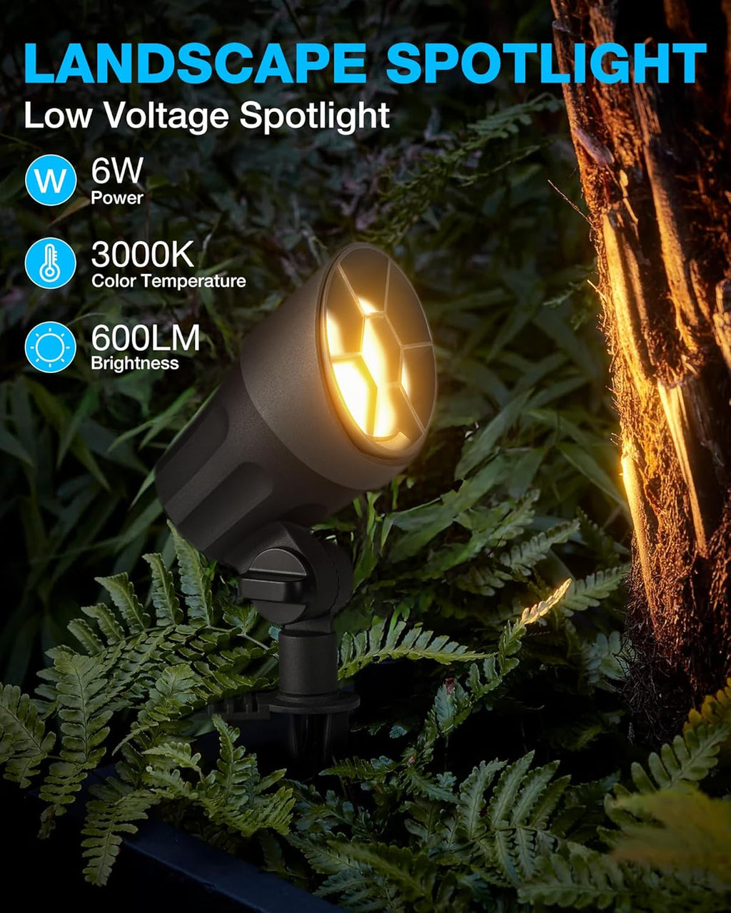 SUNVIE 6W Low Voltage Landscape Lighting LED Landscaping Lights Warm White Low Voltage Lighting Waterproof Landscape Spotlights with Connectors Spot Lights Outdoor for Tree Wall Pathway Yard, 4 Pack