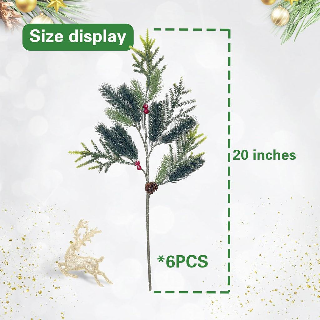 6 Pack Pine Branches with Red Berry, Sliver Christmas Stems for Vases, Artificial Floral Picks for Xmas Indoor Winter Holiday Decor,20 Inch