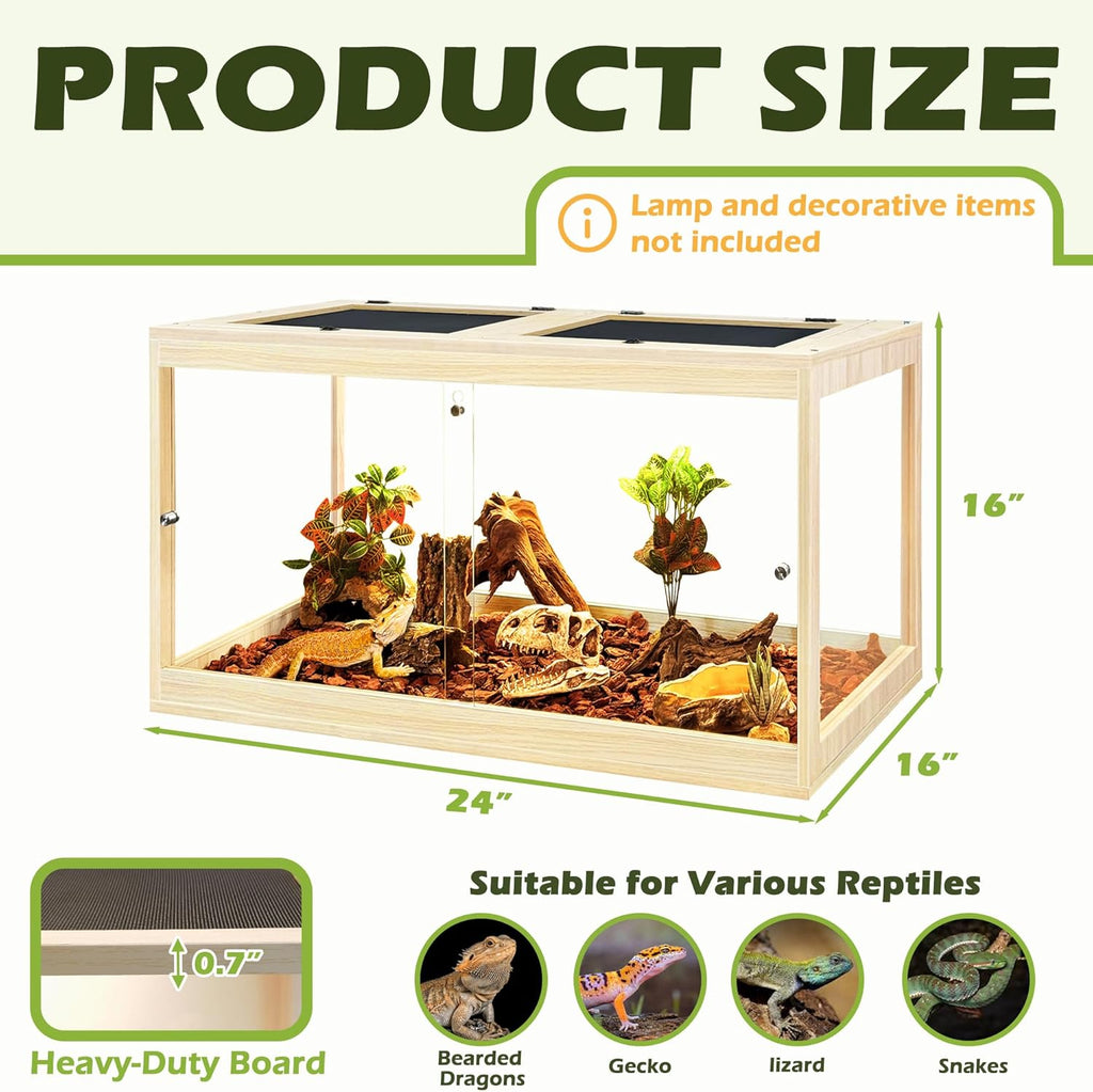 Prolee Tempered Glass Bearded Dragon Tank 28 Gallon, Lizard Tank, Reptile Tank with Metal Mesh Roof Door, Snake Tank with Lock Design, 24" Long, Oak