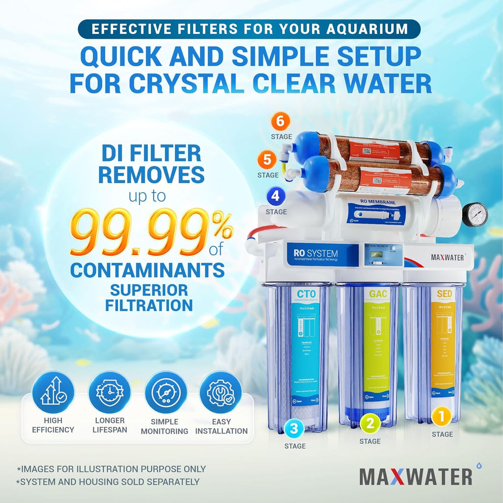 Max Water 6 Stage Reverse Osmosis Dual RODI Water Filter Replacement Kit for Aquarium -1 Micron Polypropylene Sediment, GAC, CTO Carbon, 2X Mixed Bed DI & 100 GPD RO Membrane