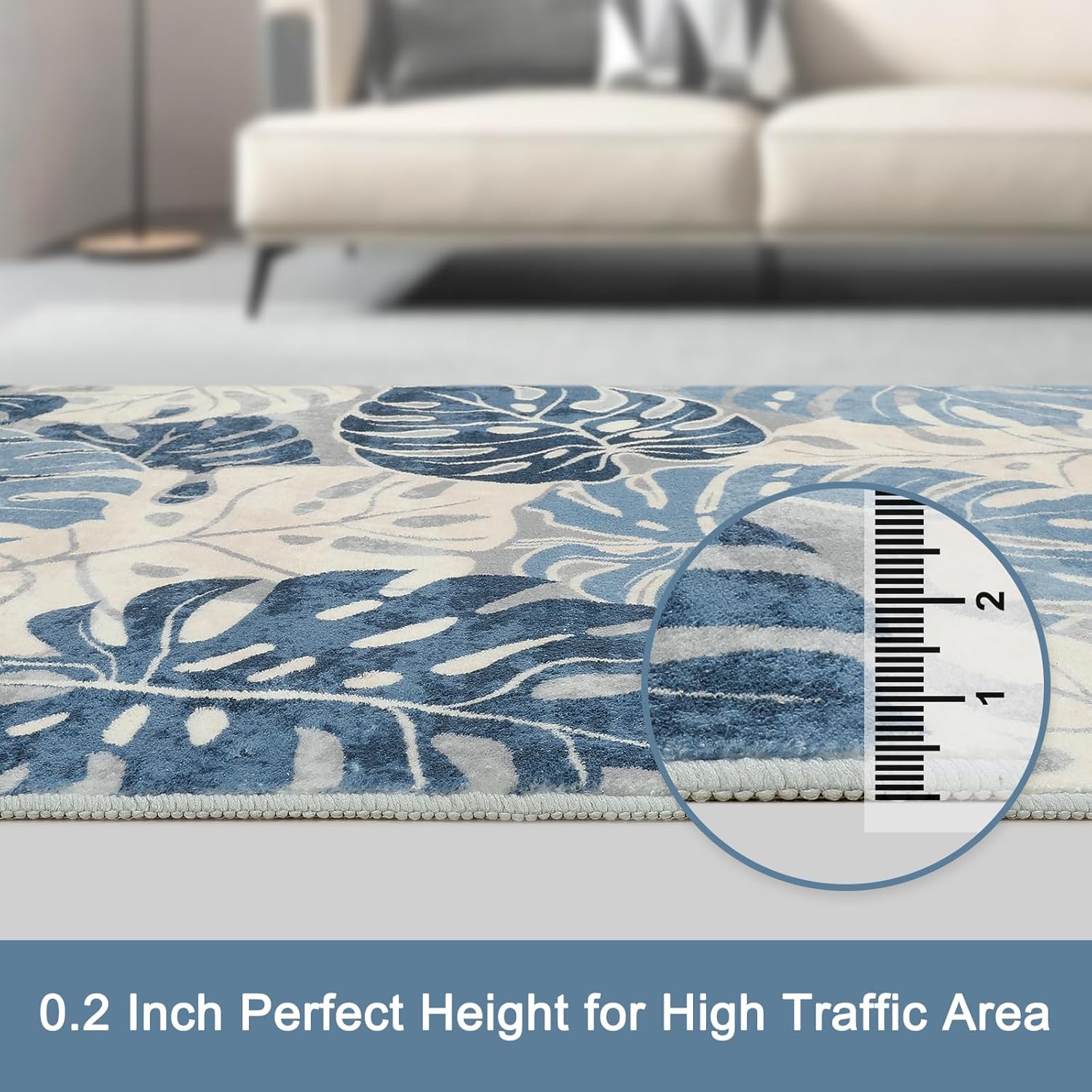 Wonnitar Tropical Washable 3x5 Entry Rug, Leaf Blue Small Rugs for Bedroom, Botanical Non-Slip Living Room Carpet Low Pile Indoor Floor Carpet for Mud Room Dining Table Doorway