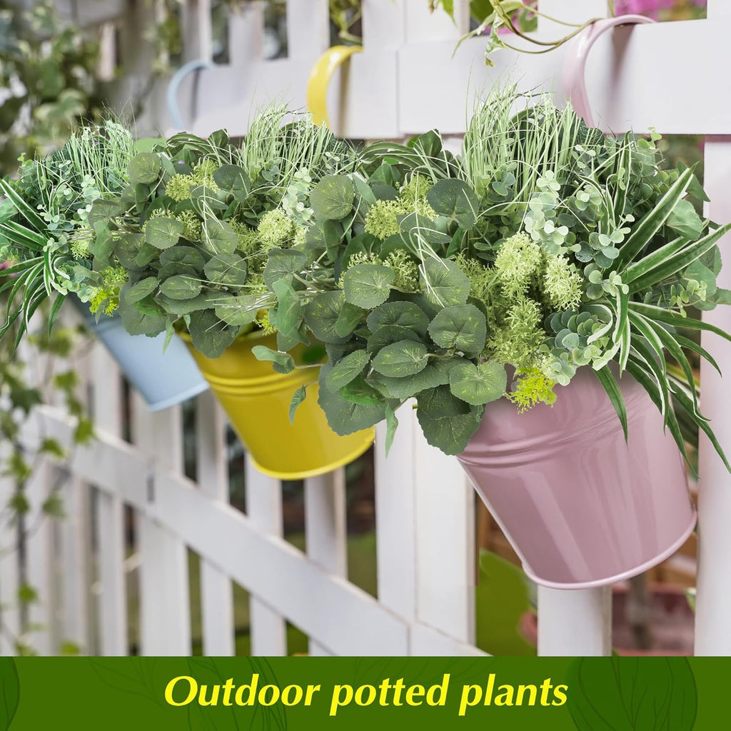 24Pcs Artificial Outdoor Plants UV Resistant Fake Plastic Greenery Boxwood Eucalyptus Spring Onion Grass for Outside Yard Front Porch Patio Window Box Planter Hanging Basket Decor (Grey Green)