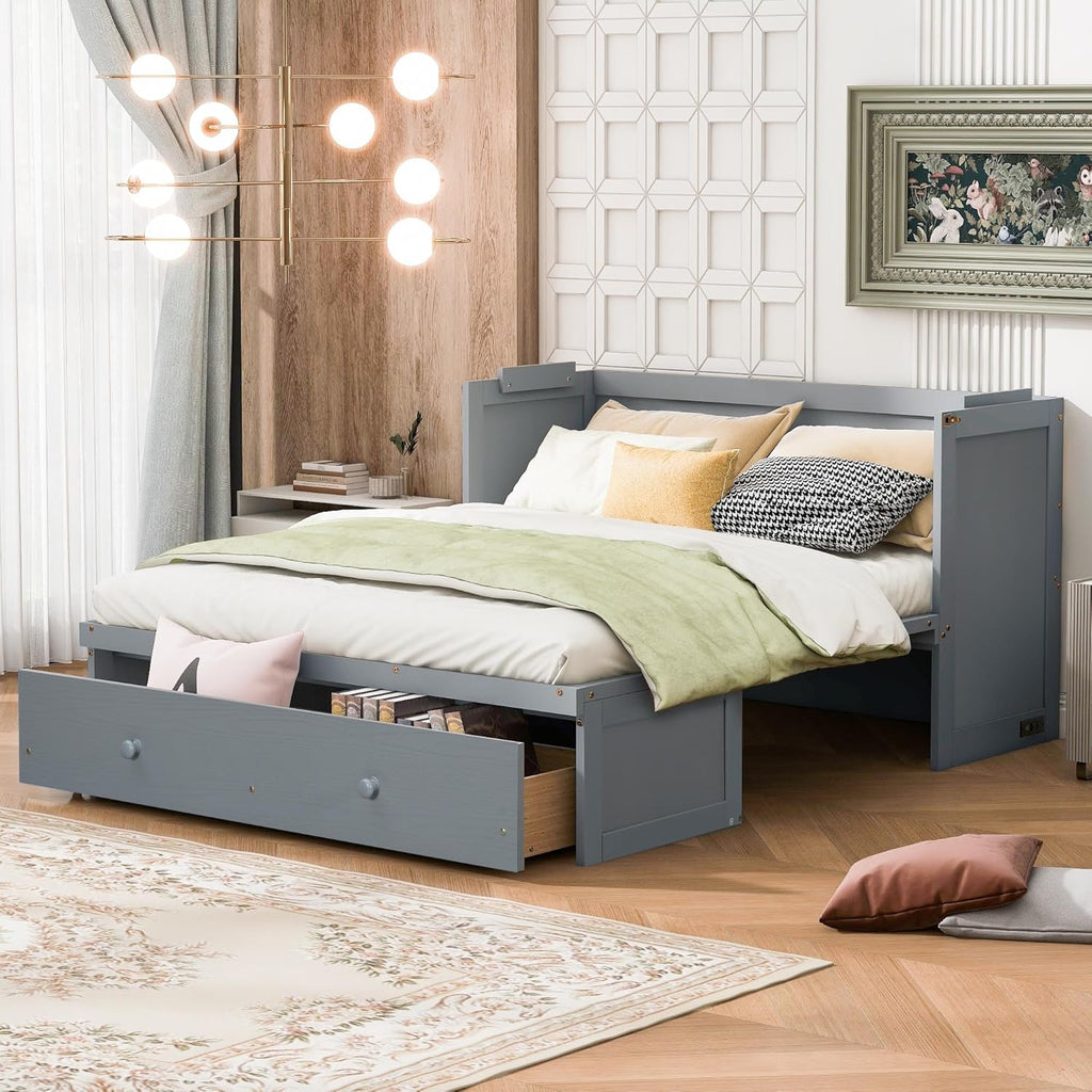 Harper & Bright Designs Queen Murphy Bed with USB Charging Station and Large Drawer, Wooden Queen Size Bed Wall Bed with Storage, Cube Cabinet Bed for Home Office Guest Room Bedroom,Gray