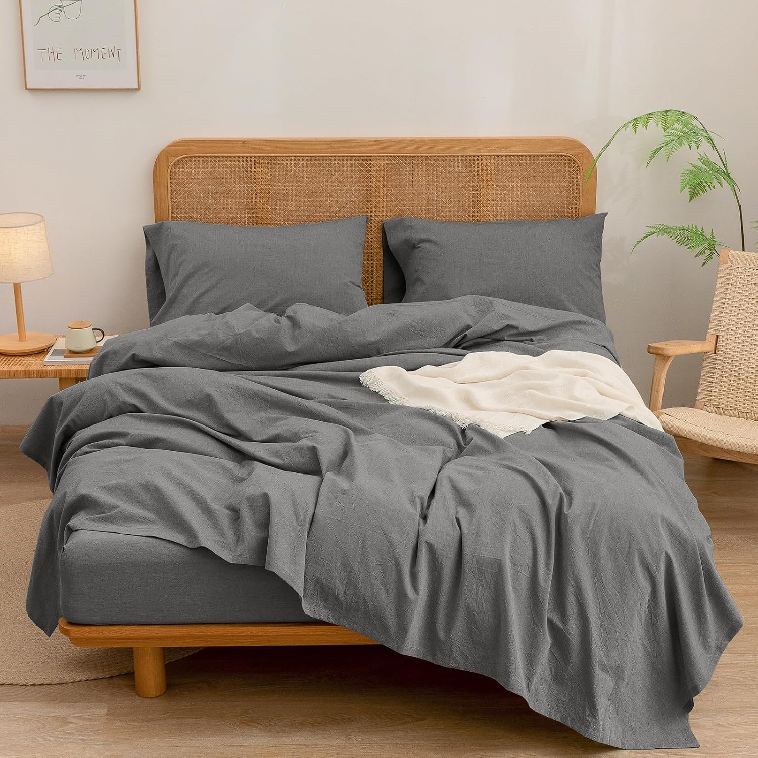 BESTOUCH Sheet Set 100% Washed Cotton Linen Feel Super Soft Comfortable Chic Lightweight 4 Pcs Home Bedding Set Solid Dark Grey Full