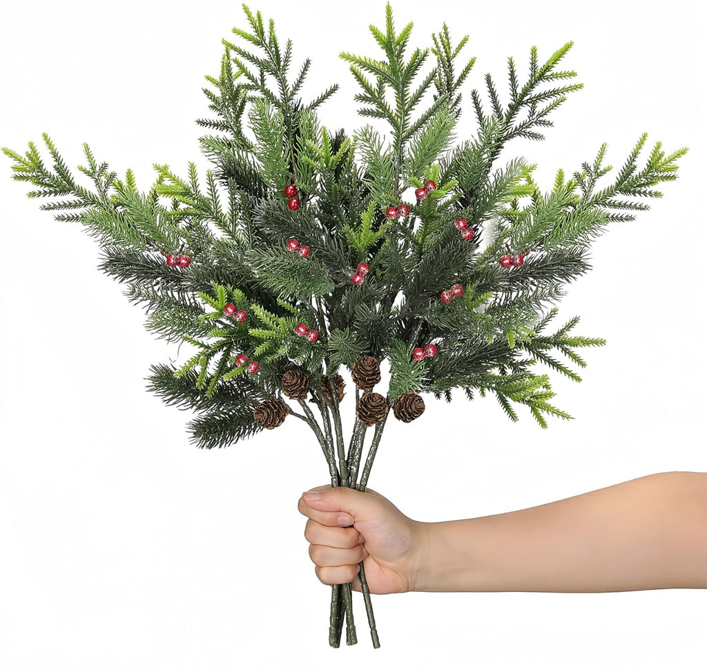 6 Pack Pine Branches with Red Berry, Sliver Christmas Stems for Vases, Artificial Floral Picks for Xmas Indoor Winter Holiday Decor,20 Inch