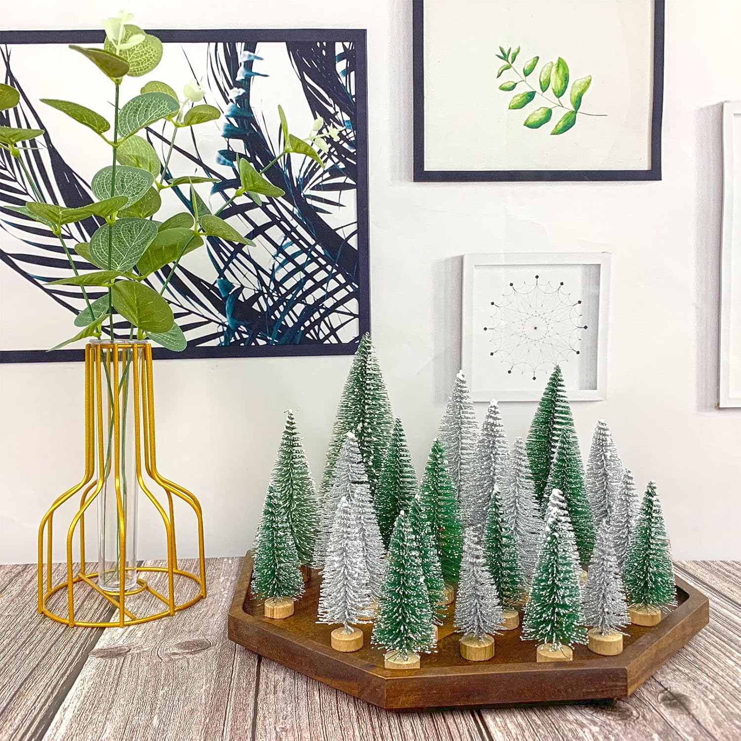 Mini Christmas Trees, Artificial Bottle Brush Trees Sisal Snow Trees with Wooden Base for Christmas Decor Christmas Party Home Table Village Craft Decorations (42 pcs kit)