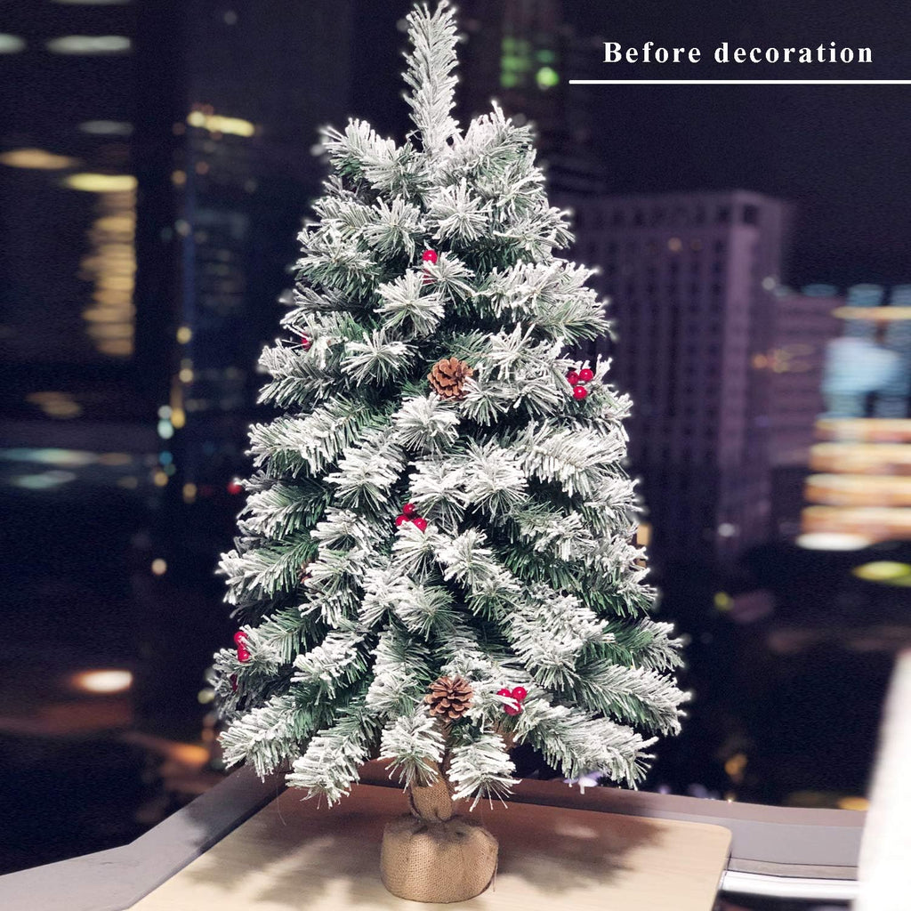 Pre-Lit Artificial Christmas Tree 3ft,Snow Flocked Xmas Pine Tree Decorated with 70 LED Lights,140 Branch Tips,7 Pine Cones,10 Red Berries Christmas Snow Tree for Desktop,Battery Powered