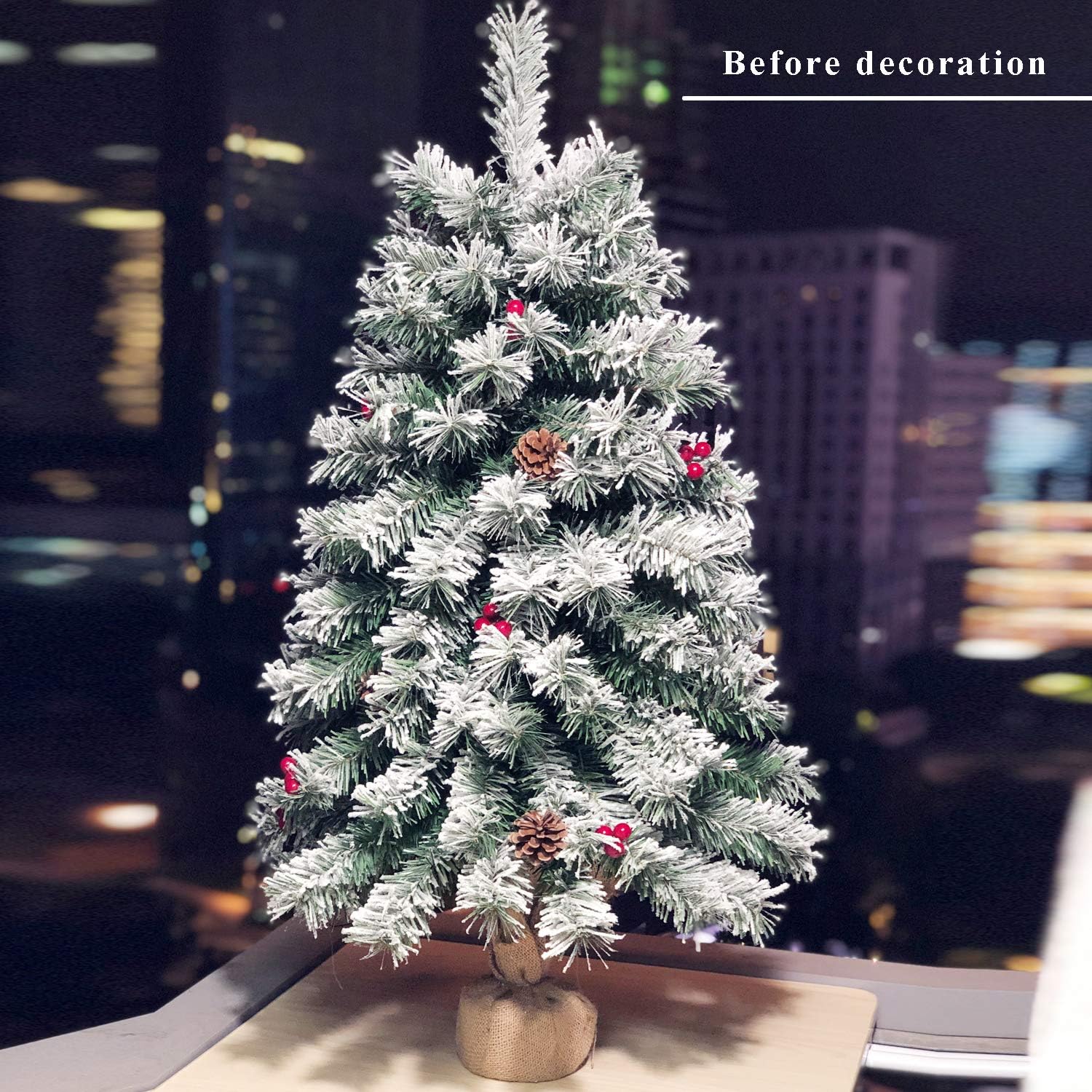 Pre-Lit Artificial Christmas Tree 3ft,Snow Flocked Xmas Pine Tree Decorated with 70 LED Lights,140 Branch Tips,7 Pine Cones,10 Red Berries Christmas Snow Tree for Desktop,Battery Powered