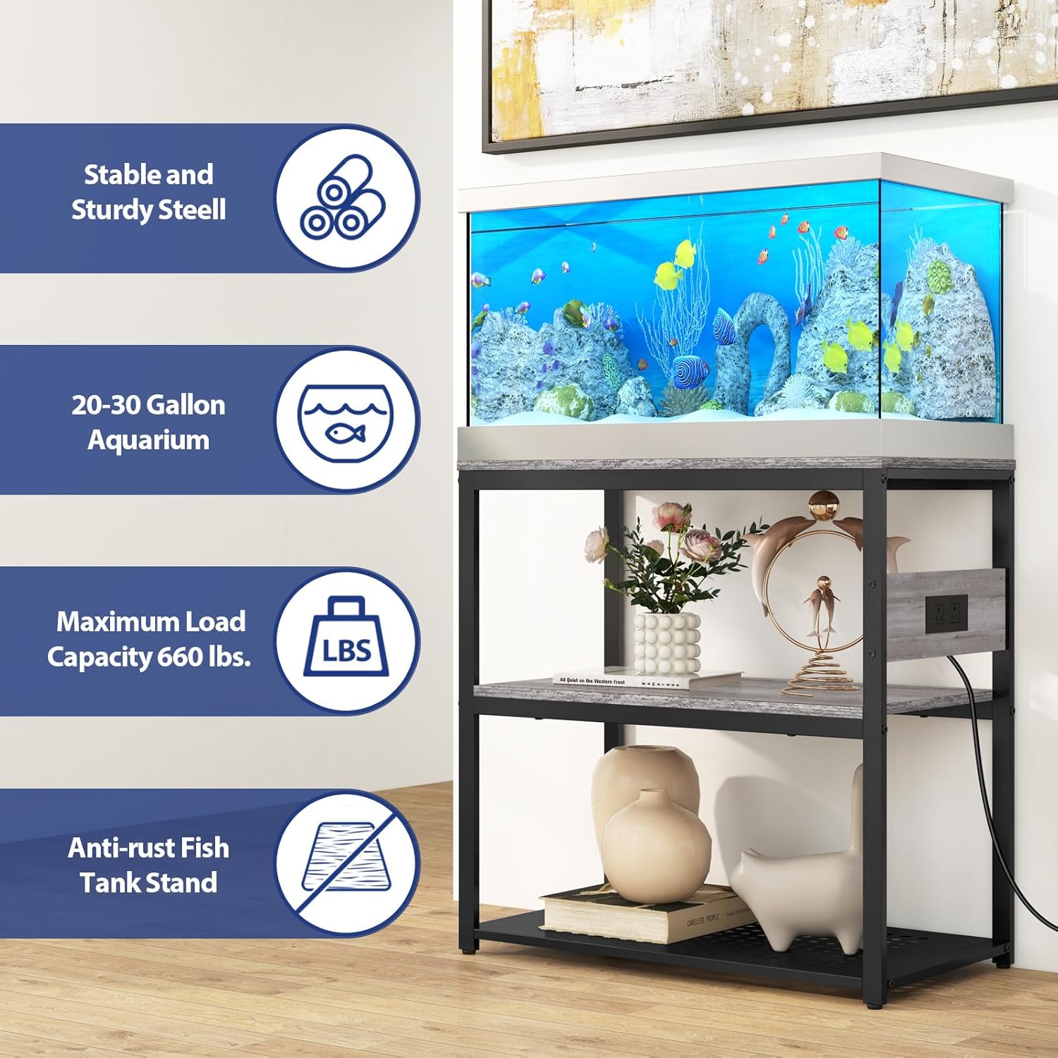 Livofloral 20-29 Gallon Fish Tank Stand With Power Outlets, 3-Tier Metal Aquarium Stands, Breeder Reptile Tank Stand with Shelf for Home Office, 660LBS Capacity, 29.5 x 15.8 x 30.1 inches, Grey