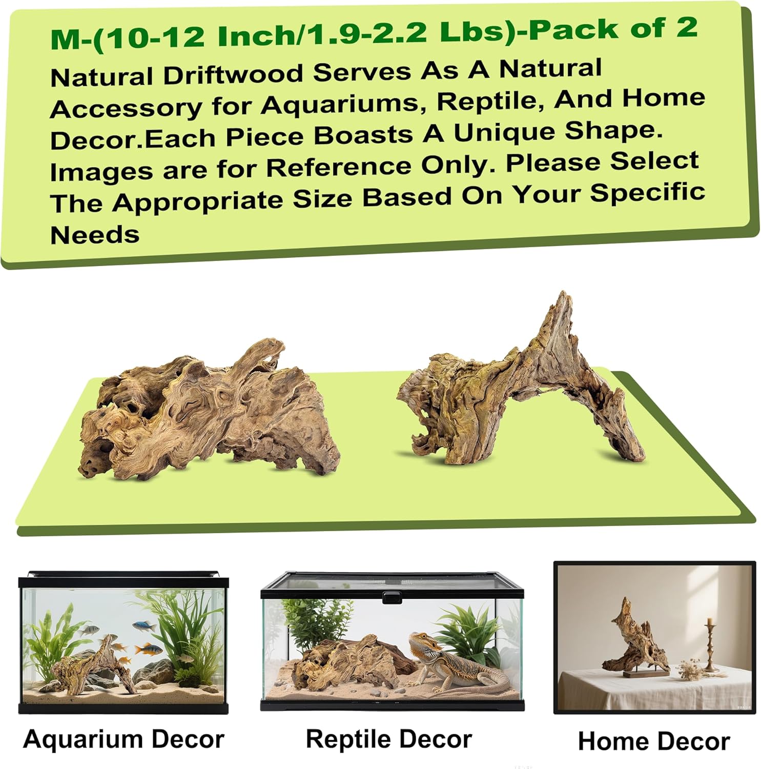 Natural Driftwood for Aquarium Decor,Reptile Habitat&Home DIY Decor,Naturally Unique Shapes Weathered Wood,Easy to Use (M-(10-12 Inch/1.9-2.2 Lbs)-Pack of 2)