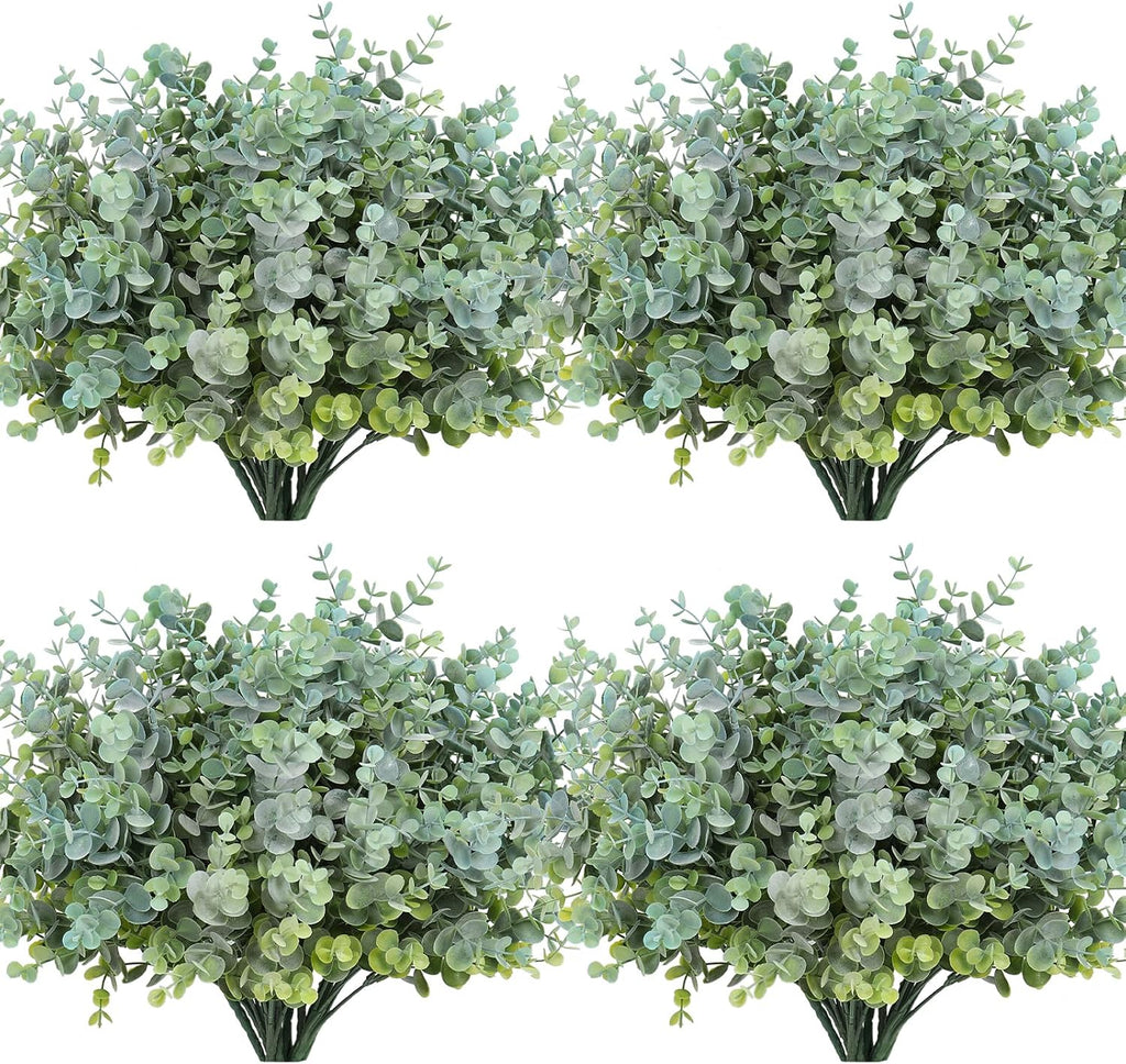 RECUTMS 12 Bundles Artificial Bushes Greenery Plants Stems Faux Shrubs Boxwood Plants Outdoor UV Resistant Fake Eucalyptus for Farmhouse Home Wedding Patio Backyard Indoor Outdoor Decor(Dusty Blue)