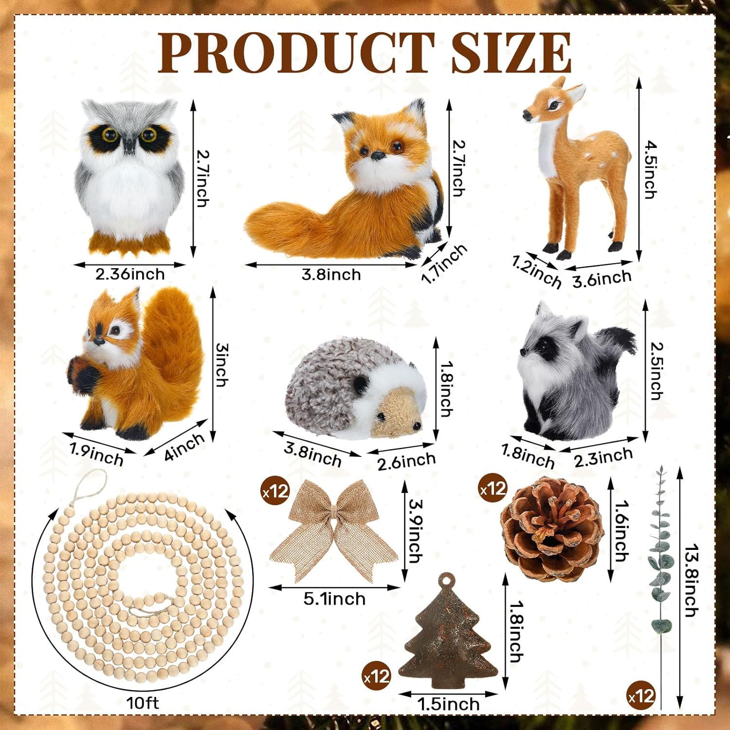 Jenaai 55 Pcs Woodland Christmas Ornaments Set with 6 Woodland Animals Ornaments 10ft Wood Bead Garland 12 Burlap Bows Pine Cones 12 Tree Shaped Bell Pendant & Leaf Artificial for Forest Animals Decor