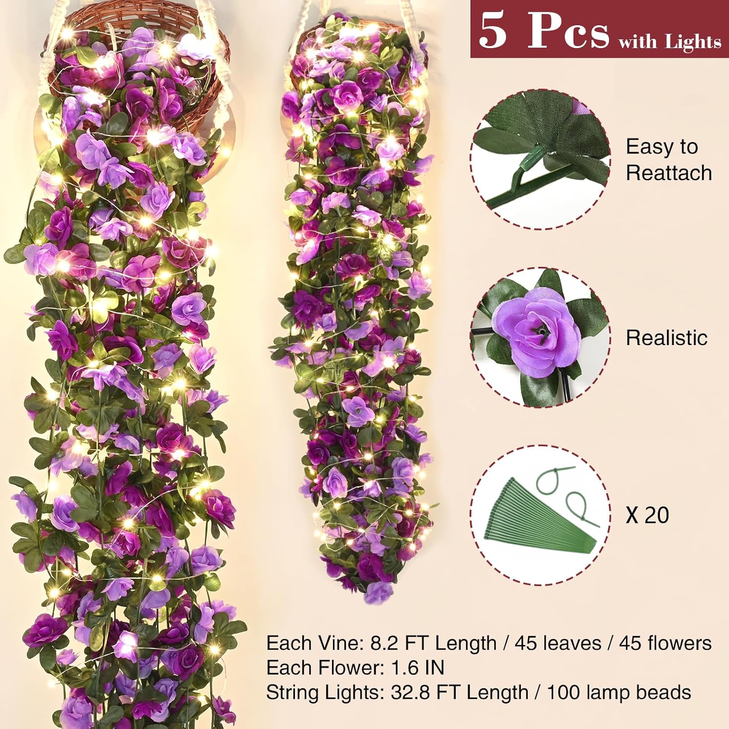 BLEUM CADE 5Pcs 41Ft Flower Garland Artificial Rose Vines with 32.8Ft String Lights, Cute Fake Hanging Flower Vines Floral Garland Decorations for Wedding Party Wall Room Decor Aesthetic