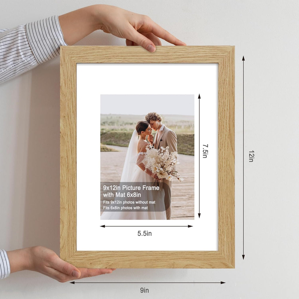 9x12 Picture Frame Set of 4, Made of Glass and Natural Oak Wooden Frame - Display Picture 6x8 with Mat or 9 x 12 Without Mat, 9 by 12 Photo for Wall or Tabletop