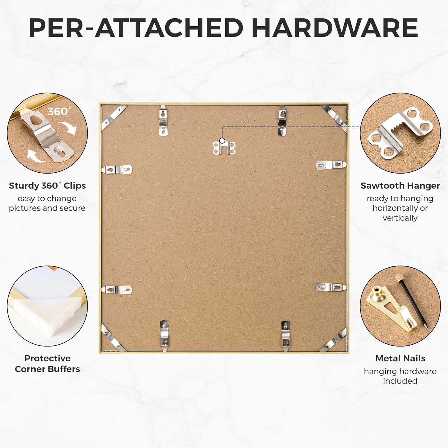 RICHFOCUS Aluminum Picture Frame - 16x16 Gold Metal Frame with Mat for 12x12 Photo, Floating Frame with Tempered Glass - Poster Frame Wall Hook Included for Gallery Wall, Set of 3