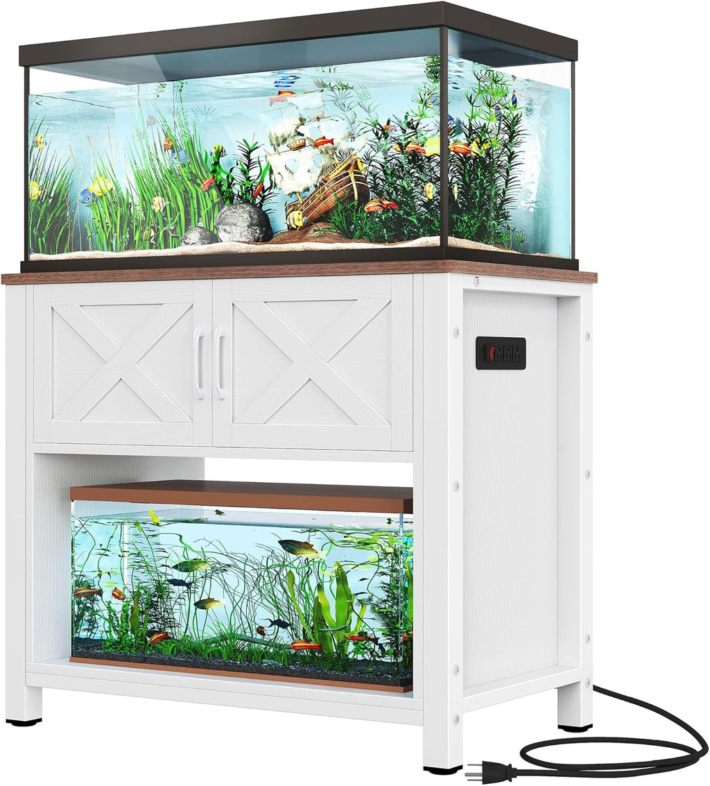 DWVO Heavy Duty Metal Aquarium Stand with Power Outlets, Cabinet for Fish Tank Accessories Storage - Suitable for 40-50 Gallon Fish Tank Stand, Turtle, Reptile Terrarium, 660LBS Capacity, White