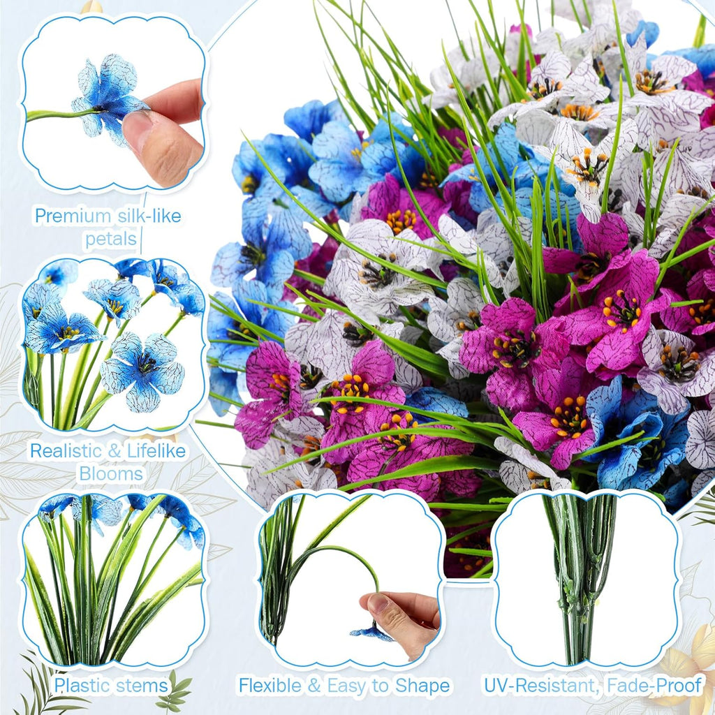 Lyrow 100 Bundles Violet Artificial Flowers, UV Resistant Faux Silk Flowers Outdoor, Fake Violet Bulk for Front Porch Hanging Garden Courtyard Farmhouse Home (Dark Purple, Dark Blue, White with Grass)