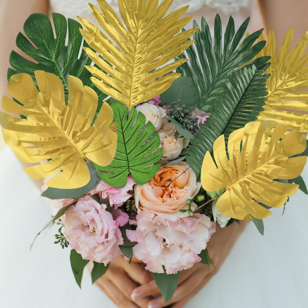 84 Pieces 10 Kinds Artificial Tropical Palm Leaves Safari Jungle Leaves with Stems Golden Leaf Decorations for Hawaiian Luau Party Beach Baby Shower Birthday Theme Table Wedding Decorations