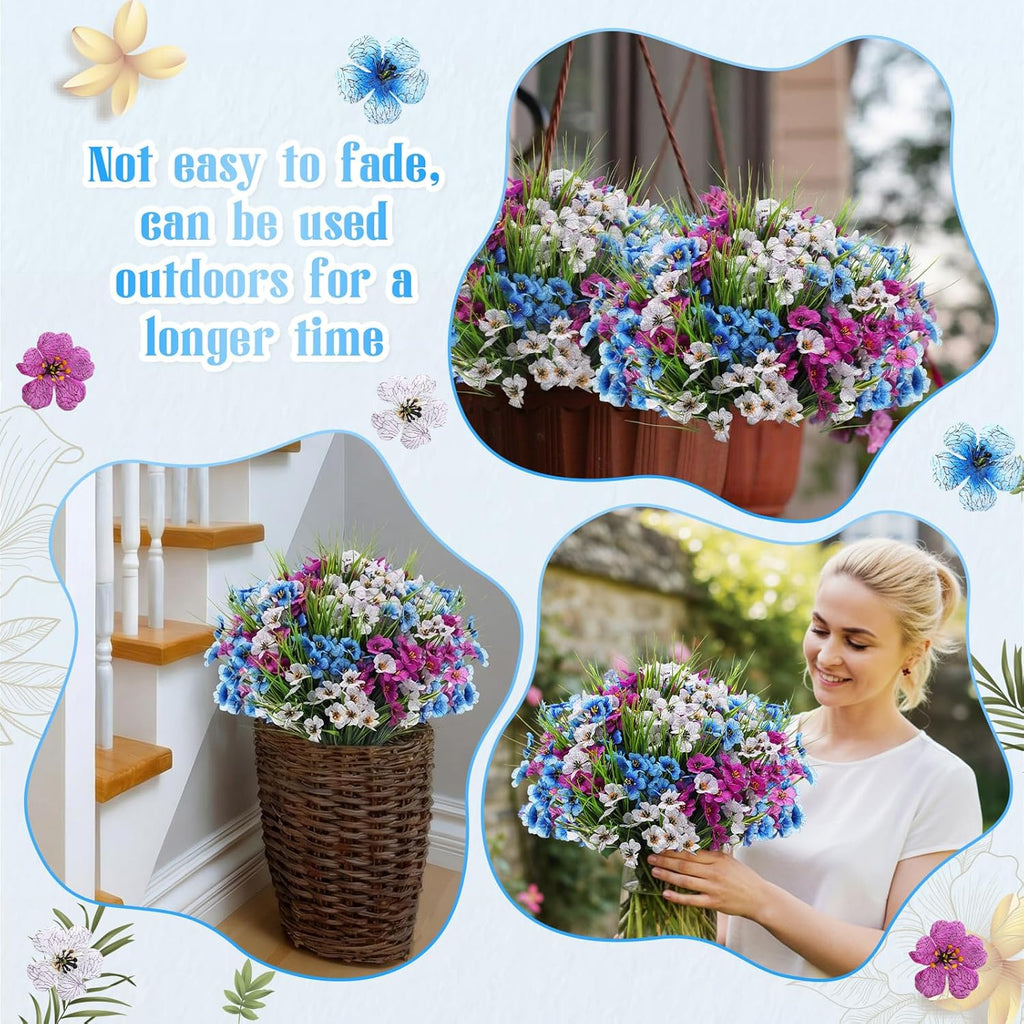 Lyrow 100 Bundles Violet Artificial Flowers, UV Resistant Faux Silk Flowers Outdoor, Fake Violet Bulk for Front Porch Hanging Garden Courtyard Farmhouse Home (Dark Purple, Dark Blue, White with Grass)