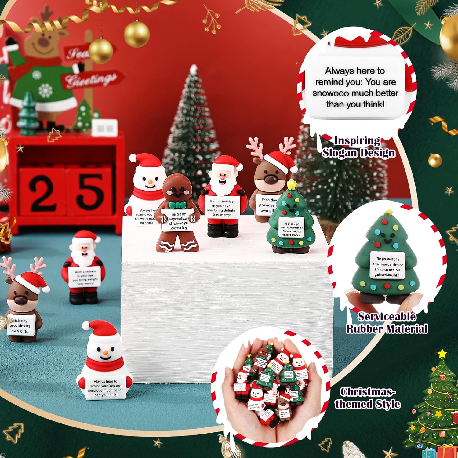 Gejoy 100 Pcs Mini Rubber Christmas Toys Positive Mini Christmas Figures Gifts Decorations and Encouragement Birthday Motivational Gifts for Colleague Staff Teacher