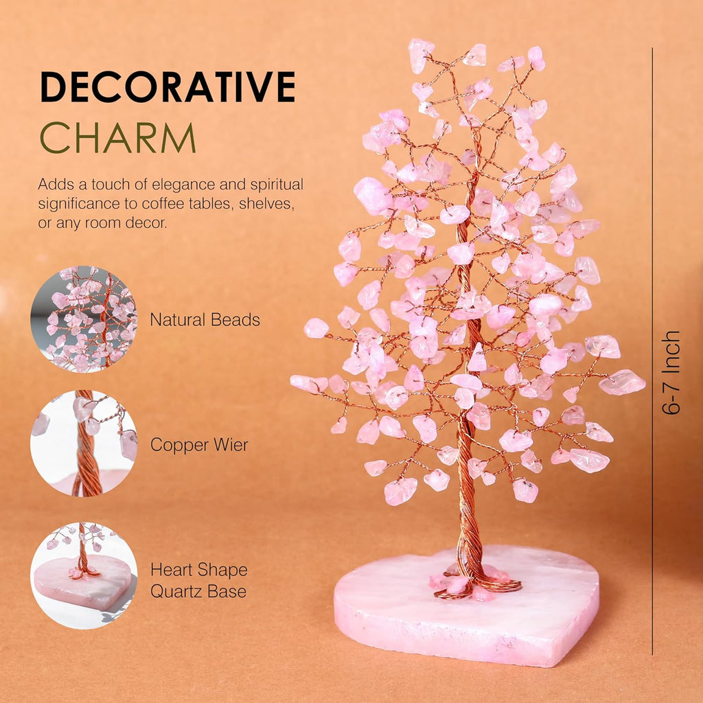 Crocon Crystals Tree Rose Quartz Healing Stones Reiki Crystals Heart Base Spiritual Meditation Energy Home Room Office Desk Decor Pink Gifts for Women Men & Mom Birthday Present