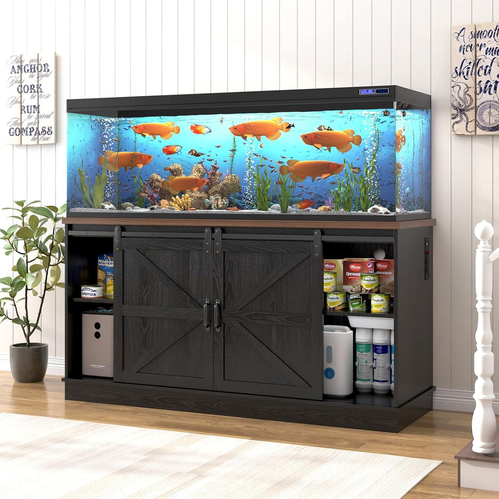 Farmhouse 75-120 Gallon Fish Tank Stand with Power Outlet, Aquarium Stand w/Cabinet&Sliding Barn Door, Heavy Duty Reptile Tank Stand for Fish/Turtle/Reptile Terrarium, 1000LB Capacity, Black