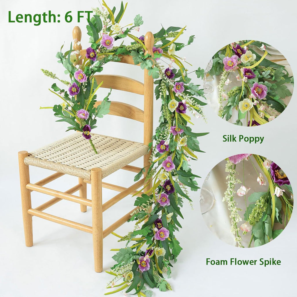 Mizii Purple Artificial Flower Garland 6FT Fake Poppy Floral Garland Hanging Vines Spring Summer Flowers Decorations for Mantle Table Centerpieces Room Wall Fireplace Wedding Decor (Purple)