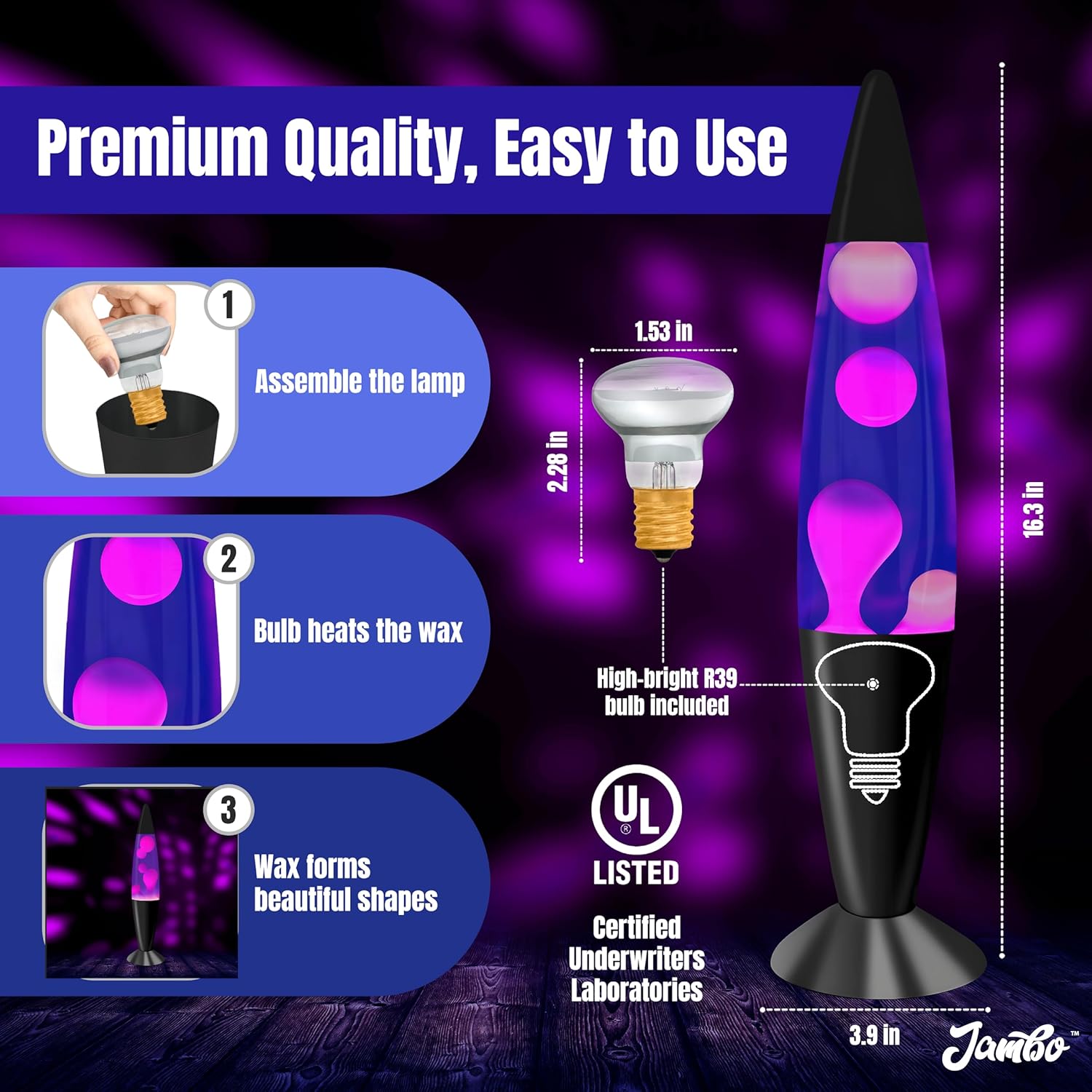 JAMBO 16" Beautiful Lamp- Purple with White/Pink Wax, Relaxing Liquid Lamp for Living Room Office Bedroom Adults Teens Kids, Magma Light, Night Light Nightlight, Home Decor