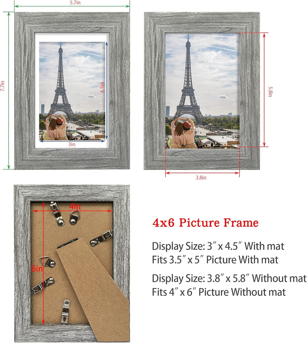 4x6 Picture Frame Set of 4, Made of Real Glass and Grey Wooden Frame, 4 by 6 Photo for Wall or Tabletop - Display Picture 3.5x5 with Mat or 4x6 Without Mat