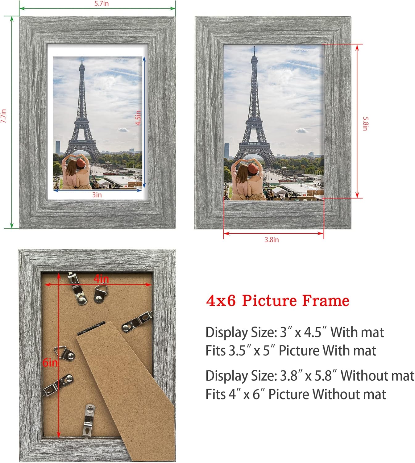 4x6 Picture Frame Set of 4, Made of Real Glass and Grey Wooden Frame, 4 by 6 Photo for Wall or Tabletop - Display Picture 3.5x5 with Mat or 4x6 Without Mat